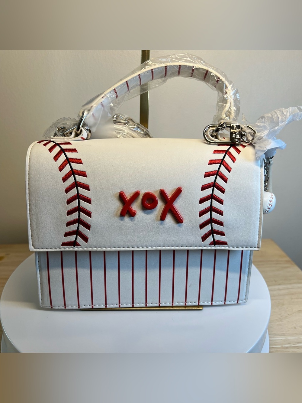 Betsy Johnson White & Red XOX Baseball Stitch Satchel NWT
